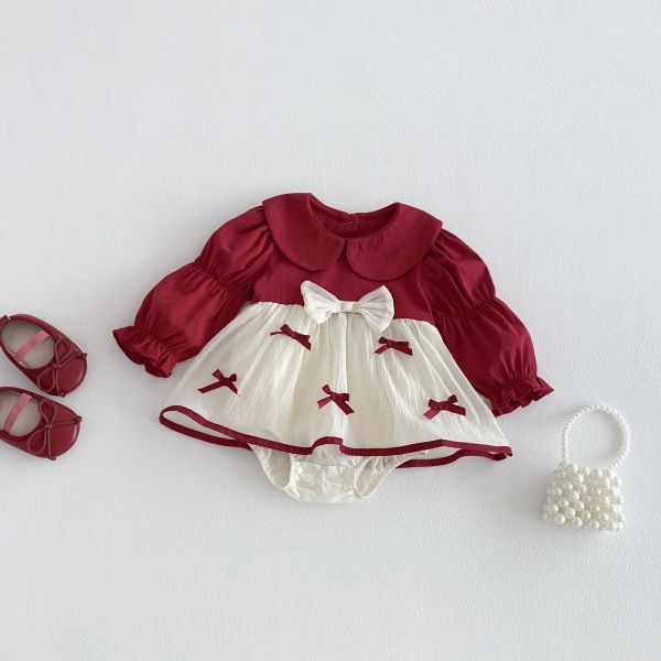 假兩件娃娃領澎袖蝴蝶結包屁裙 