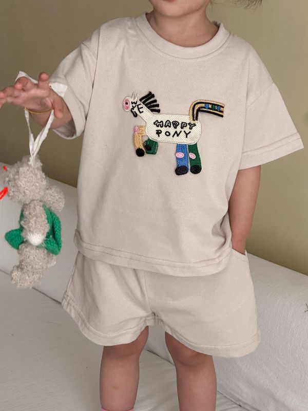 小馬刺繡素色兩件式套裝 