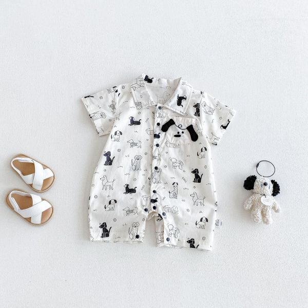 滿版狗狗印花polo領連身裝 