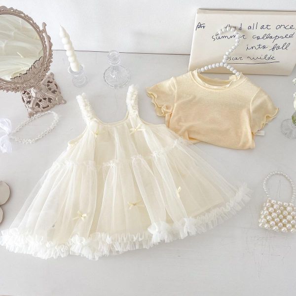 鵝黃上衣+網紗吊帶連身裙套裝 