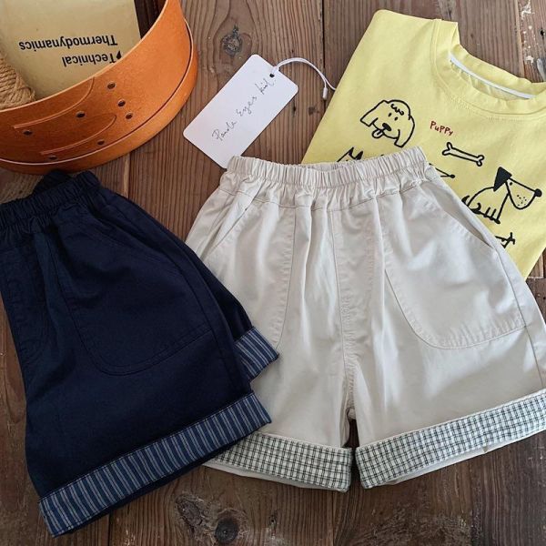 反摺紋紋/條紋素色短褲 