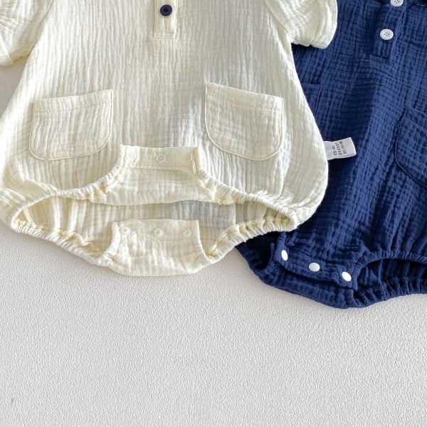 海軍風翻領棉麻雙扣包屁衣 