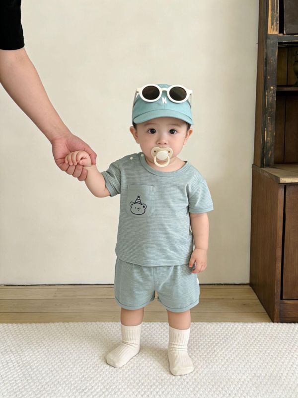 生日小熊口袋條紋兩件式套裝 