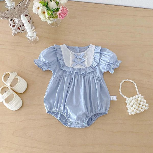 方領荷葉蝴蝶結澎袖包屁衣 