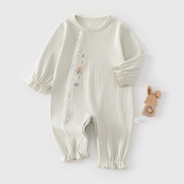 新生兒素色螺紋木耳領/蕾絲領連身裝(3色) 
