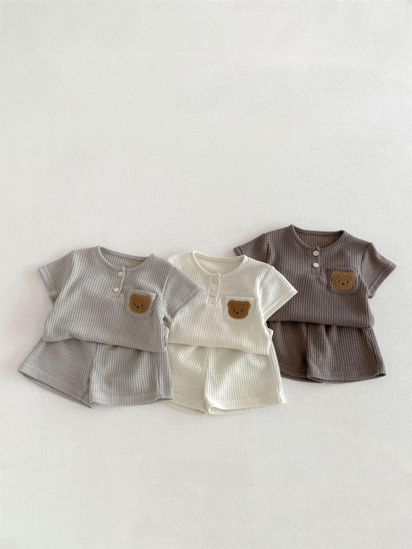 素色華夫格小熊單口袋彈力套裝 