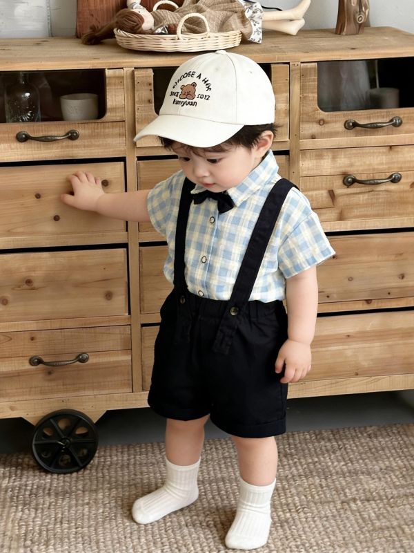 紳士領結條紋/格紋襯衫+吊帶短褲套裝 