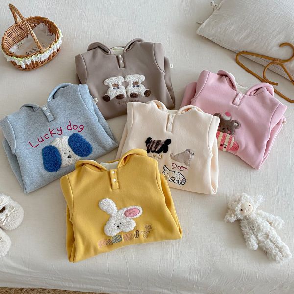 可愛動物刺繡加絨連帽連身裝 