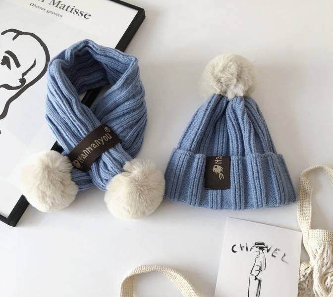 韓-秋冬直紋針織毛帽圍巾組 