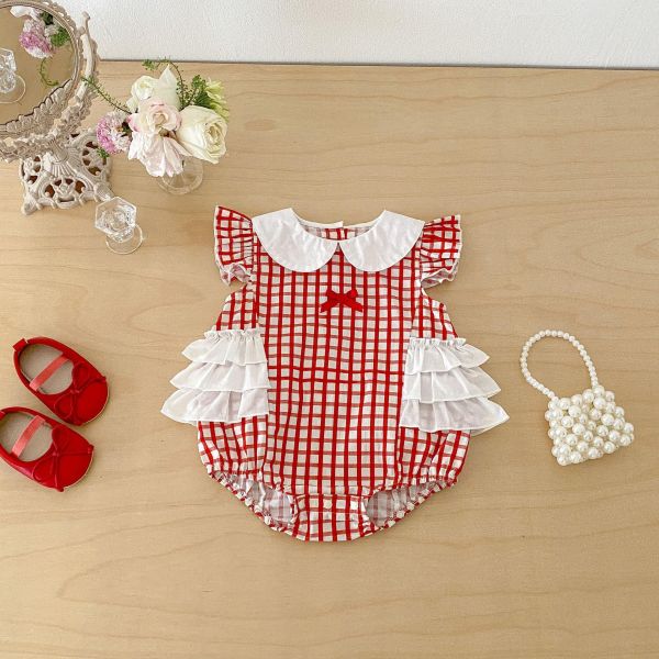 宮廷風娃娃領格紋腰封包屁衣 