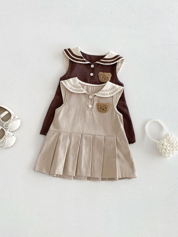 學院風小熊背心式百褶連身裙 