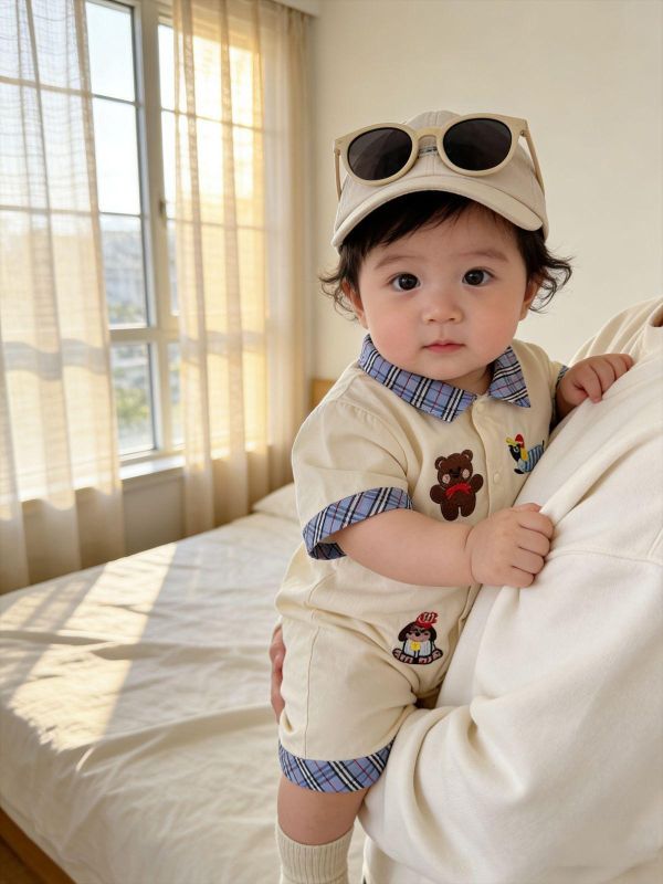 格紋翻領小熊刺繡開釦連身裝 