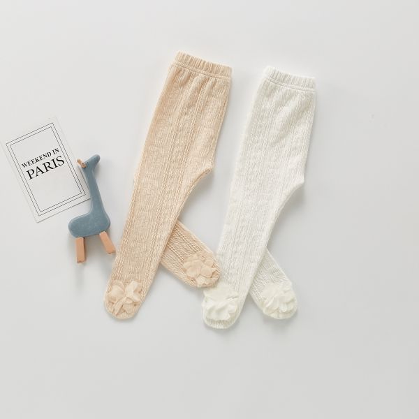 坑條螺紋素色立體小花連腳褲 