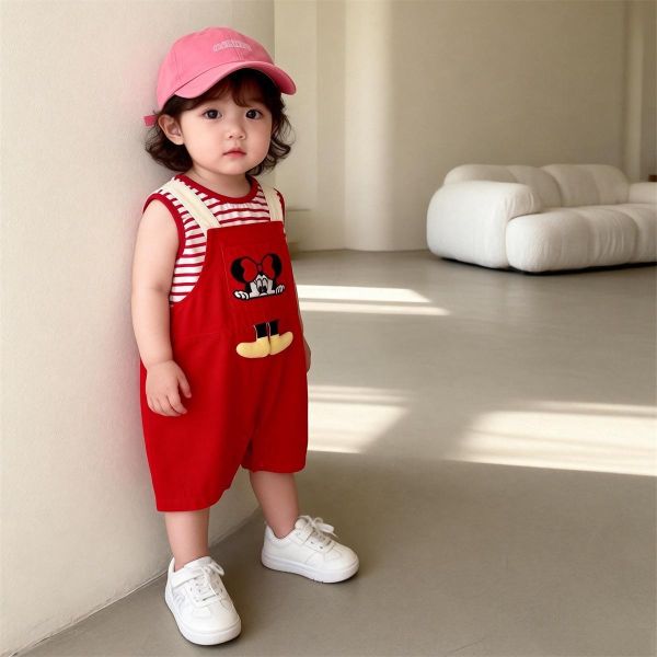 條紋背心+迪士尼卡通吊帶褲套裝 