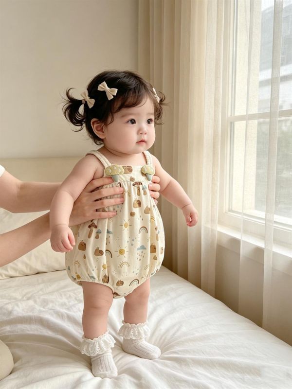 Ins風可愛小蘑菇無袖背帶包屁衣 