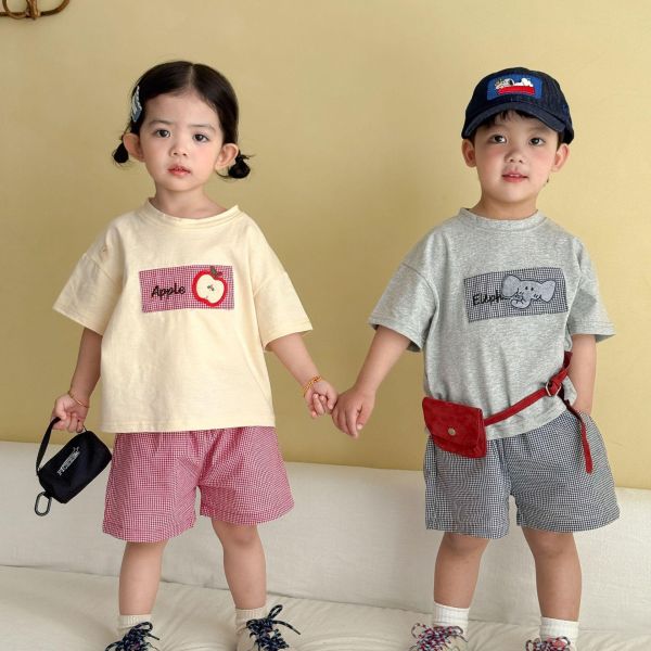 蘋果/大象布標上衣+格紋短褲套裝 