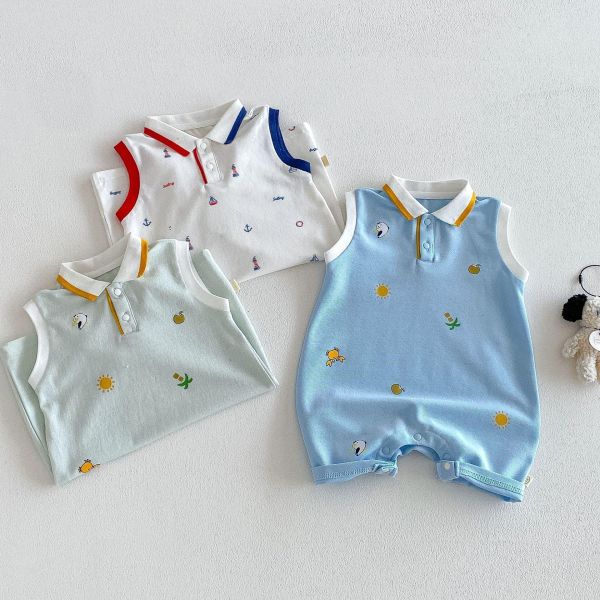 Polo翻領可愛印花雙釦連身裝 