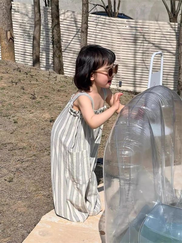 雙色豎條紋雙口袋吊帶連身褲 