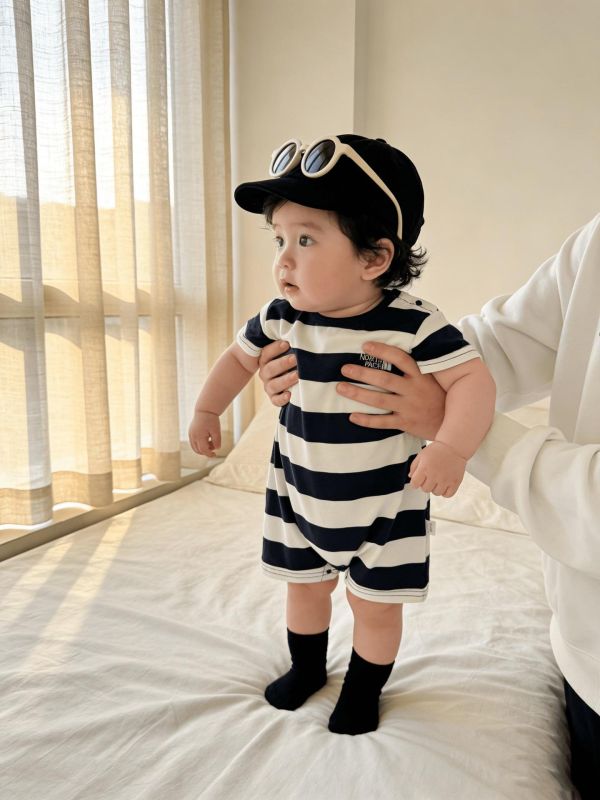 寬版條紋經典兩色連身裝 