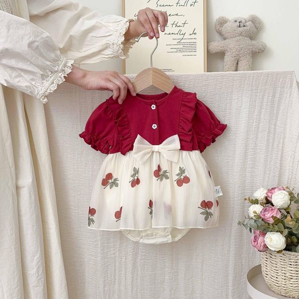 假兩件櫻桃拼接短袖/長袖包屁裙 