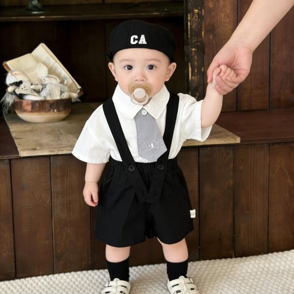 可拆式大象領帶襯衫+西裝吊帶短褲套裝 