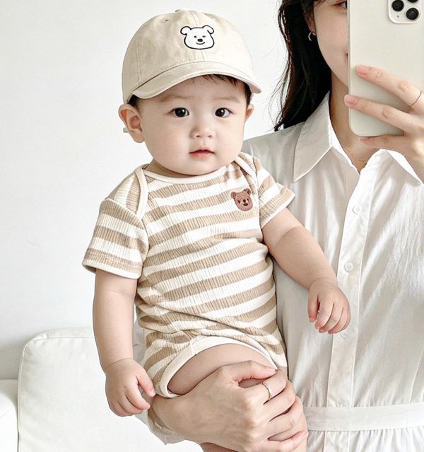 信封領螺紋小熊彈力包屁衣 