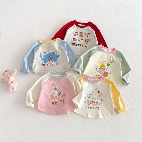 撞色拚袖可愛印花春秋上衣 