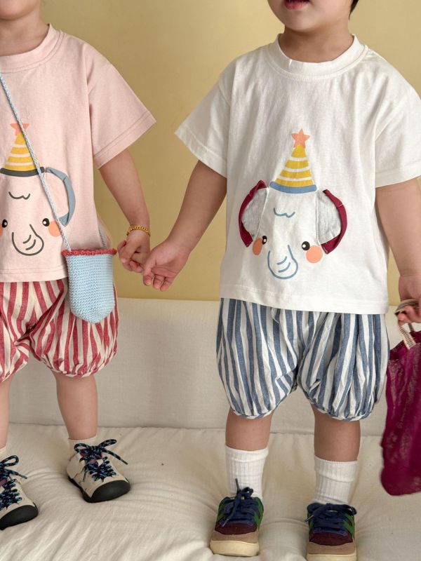 生日帽可愛大象上衣+豎條紋短褲套裝 