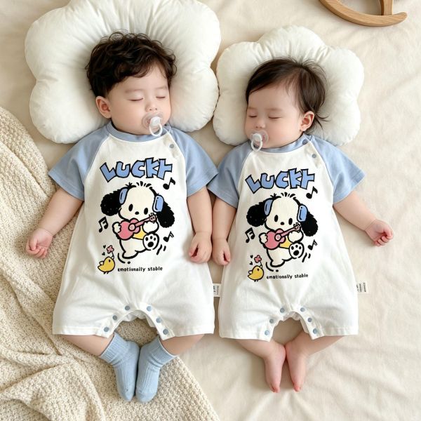 拼袖可愛長耳狗狗印花連身裝(贈襪) 