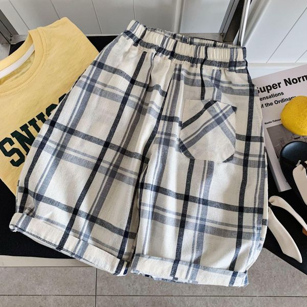 百搭復古格紋九分棉質長褲 