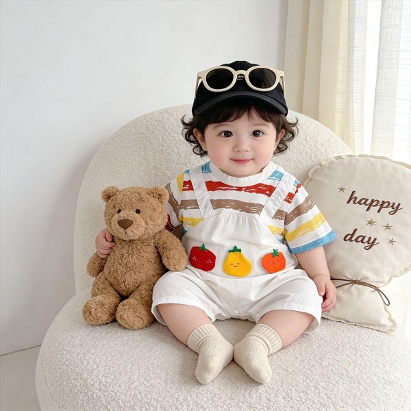 假兩件條紋上衣番茄吊帶褲 