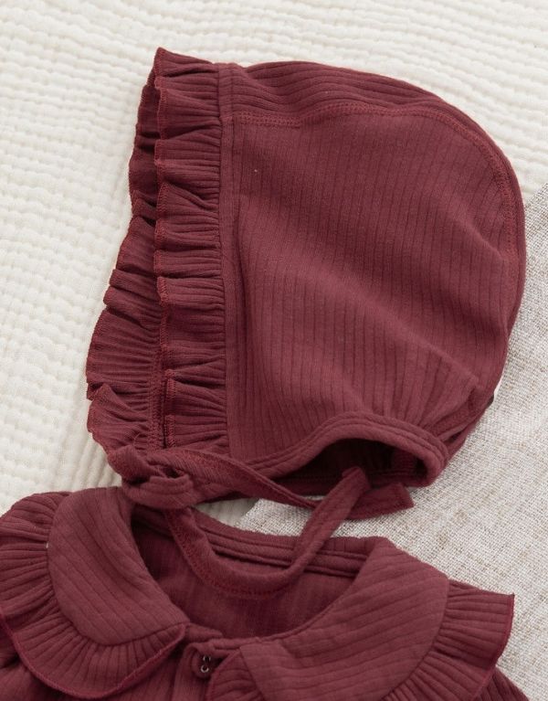 新生兒酒紅色質感花領包屁衣 