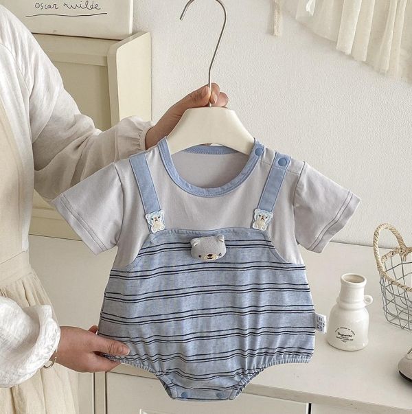 假兩件小熊吊帶條紋包屁衣 