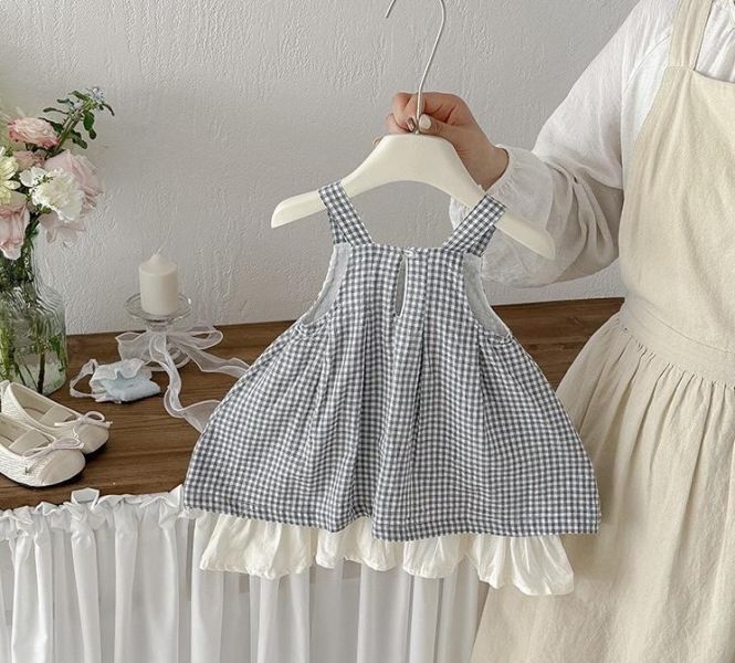 假兩件格紋蕾絲拼接背心式洋裝 