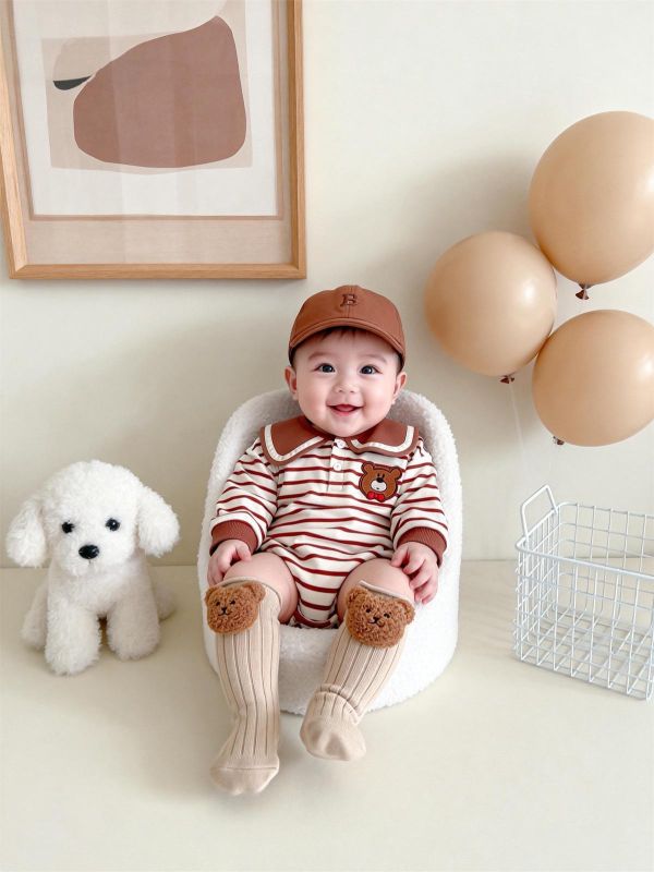 翻領條紋前後領結小熊包屁衣 