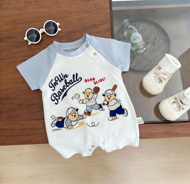 棒球小熊印花拼袖連身裝 