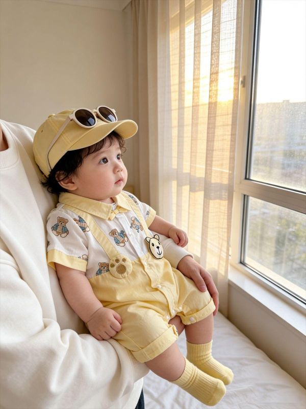 假兩件翻領小熊吊帶連身裝 