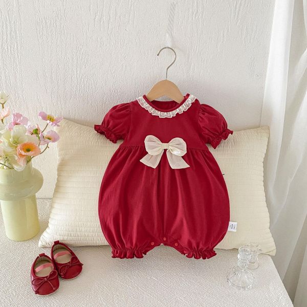 酒紅大蝴蝶結蕾絲領口連身裝 