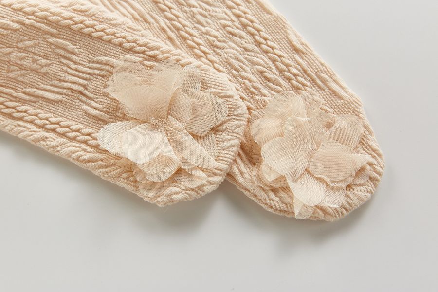 坑條螺紋素色立體小花連腳褲 