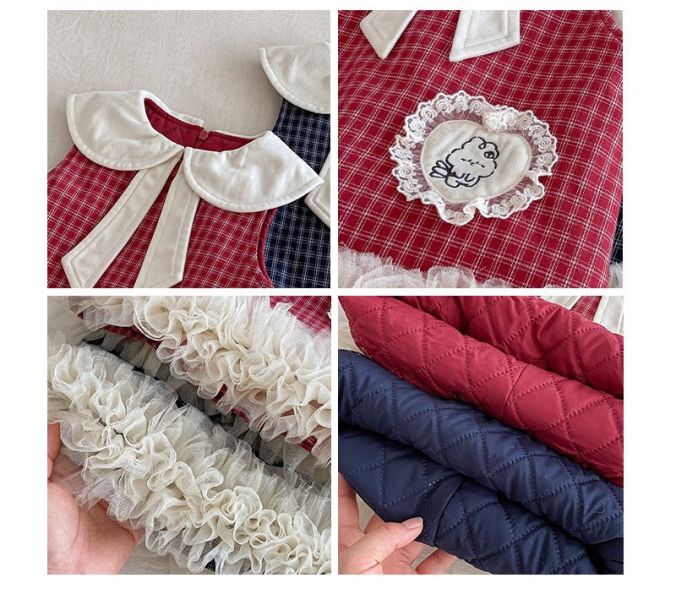 娃娃領兔子刺繡格紋連身裙/螺紋打底衣 