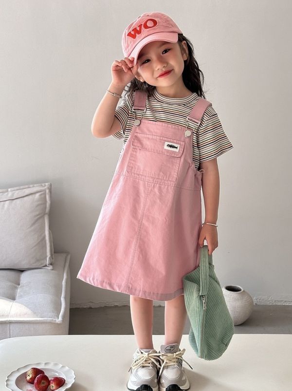 條紋上衣+粉色吊帶連身裙套裝 