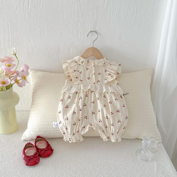 滿印櫻桃蕾絲荷葉連身裝 