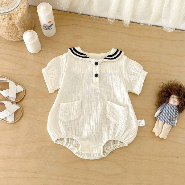 海軍風翻領棉麻雙扣包屁衣 