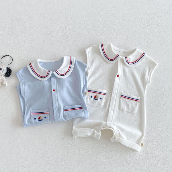 海軍風翻領素色雙口袋連身裝 