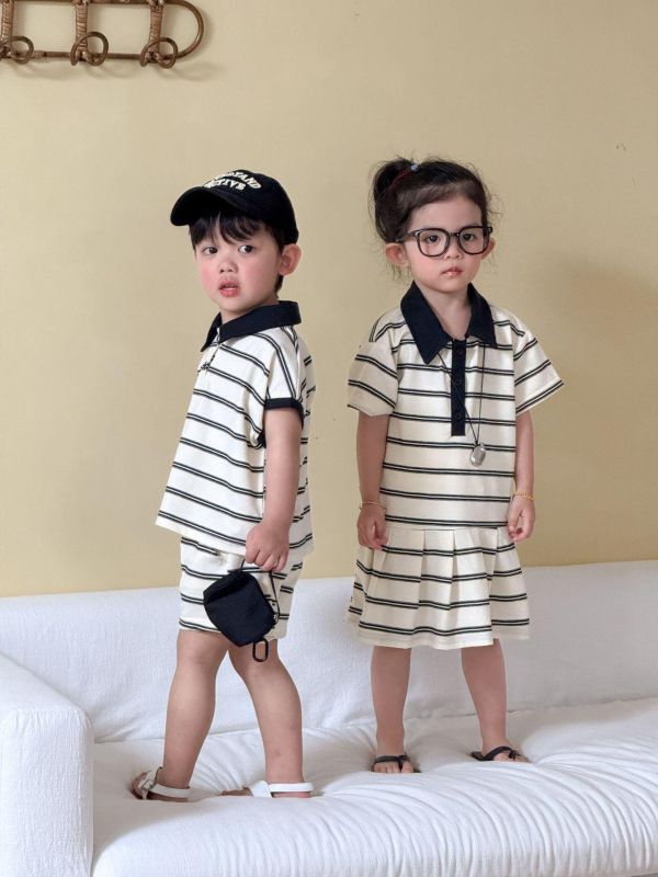 男女童經典條紋翻領套裝/洋裝 