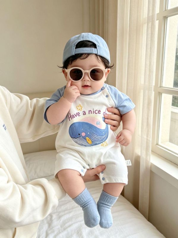 海洋鯨魚印花拼袖連身裝 