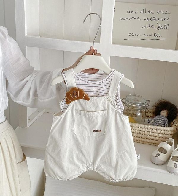 條紋背心+可頌麵包吊帶褲套裝 