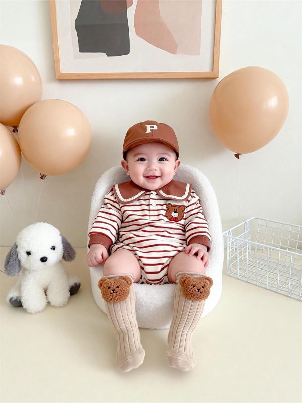 翻領條紋前後領結小熊包屁衣 