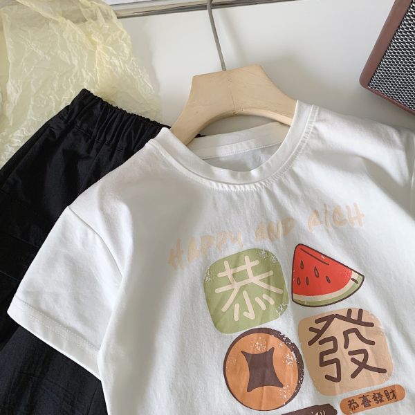 恭喜發財可愛印花T恤上衣 