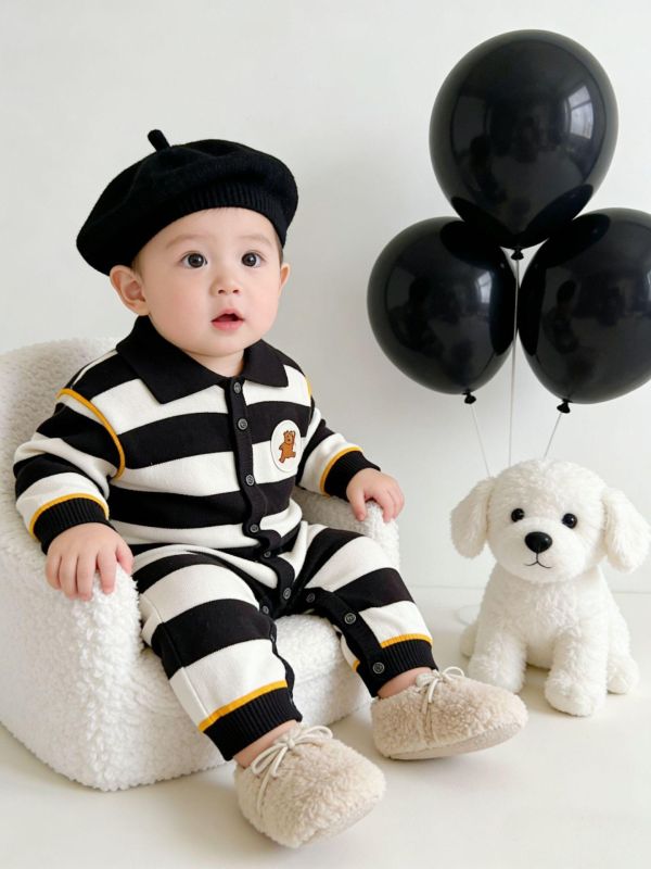 小熊圓標翻領條紋連身裝(3色) 